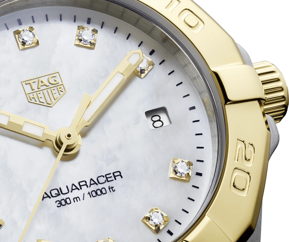 TAG Heuer,Aquaracer 27mm,27mm,Stainless Steel,Yellow Gold,White,Quartz,Day,Sapphire,WBD1422,WBD1422.BB0321