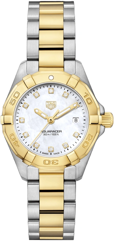 TAG Heuer,Aquaracer 27mm,27mm,Stainless Steel,Yellow Gold,White,Quartz,Day,Sapphire,WBD1422,WBD1422.BB0321