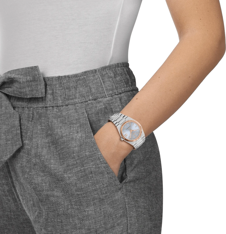 天梭,PRX超级玩家 35x34.60毫米,35x34.60毫米,玫瑰金,精钢,冰蓝色,自动上弦,日历,蓝宝石,水晶玻璃,T931,T931.207.41.351.00