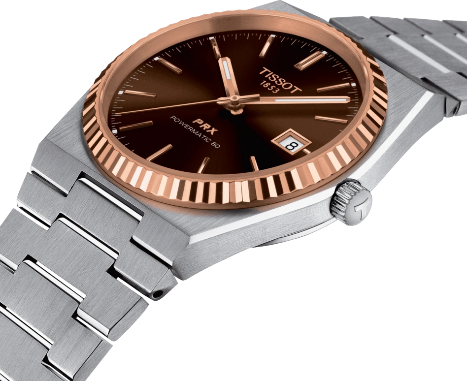 Tissot,PRX 40mm,40mm,Rose Gold,Stainless Steel,Brown,Automatic,Chronograph,Date,Hollow Out,T931,T931.407.41.291.00