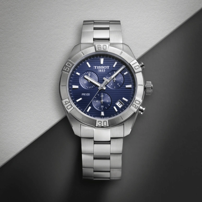 Tissot,PR 100 44mm,44mm,Stainless Steel,Blue,Quartz,Chronograph,Date,Rattrapante,T101,T101.617.11.041.00