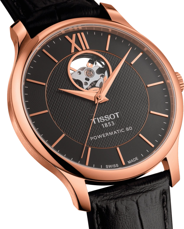 Tissot,Tradition 40mm,40mm,Rose Gold,Grey,Automatic,Hollow Out,80hours,T063,T063.907.36.068.00