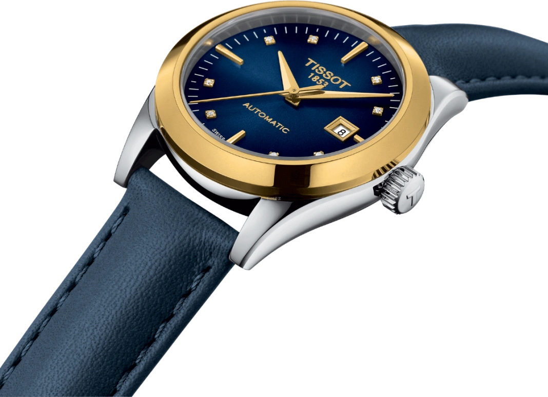 Tissot,T-Lady 29.30mm,29.30mm,Yellow Gold,Stainless Steel,Blue,Automatic,Date,48hours,T930,T930.007.46.046.00