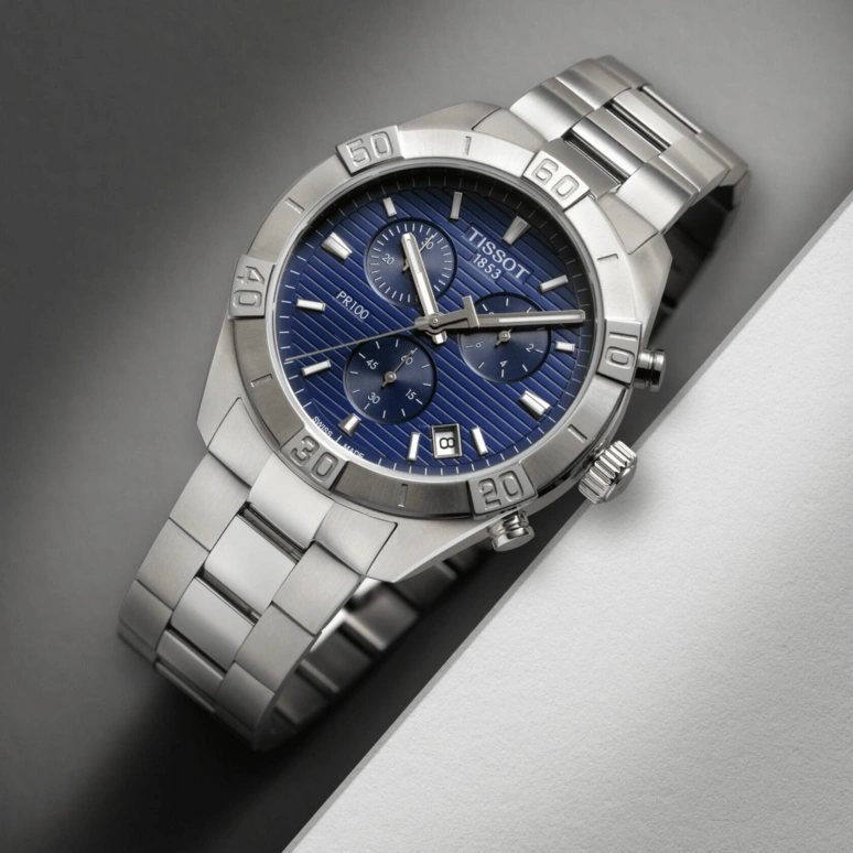 Tissot,PR 100 44mm,44mm,Stainless Steel,Blue,Quartz,Chronograph,Date,Rattrapante,T101,T101.617.11.041.00