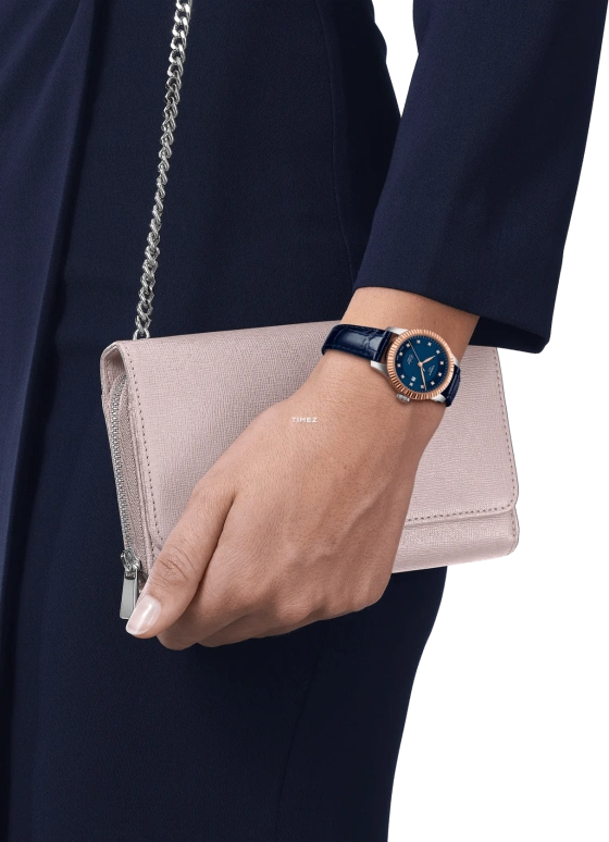 天梭,力洛克 29毫米,29毫米,精钢,玫瑰金,蓝色,自动上弦,日历,蓝宝石,水晶玻璃,T932,T932.207.46.046.00