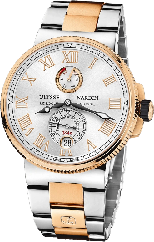 Ulysse Nardin,Marine 45mm,45mm,Rose Gold,Stainless Steel,Silver,Automatic,Day,Power Reserve Indicator,1185,1185-122-8M/41