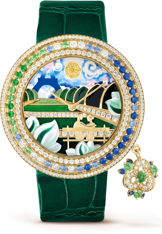 Van Cleef & Arpels,Extraordinary Dials™ 38mm,38mm,Sapphire,Yellow Gold,White,Yellow,Multi-Color,Blue,Quartz,Sapphire,Crystal Glass,Round,VCARO8WR00