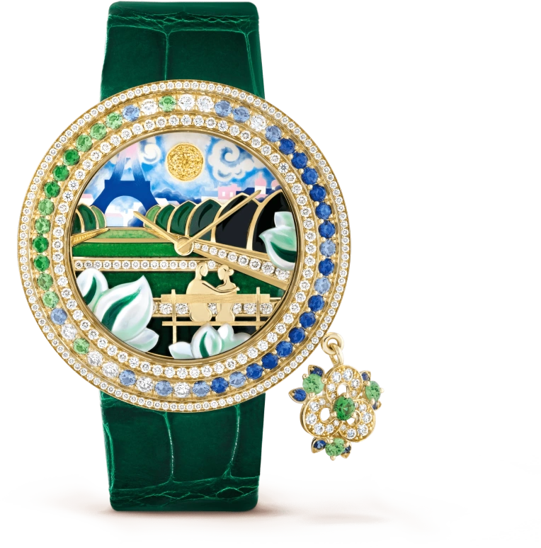 Van Cleef & Arpels,Extraordinary Dials™ 38mm,38mm,Sapphire,Yellow Gold,White,Yellow,Multi-Color,Blue,Quartz,Sapphire,Crystal Glass,Round,VCARO8WR00