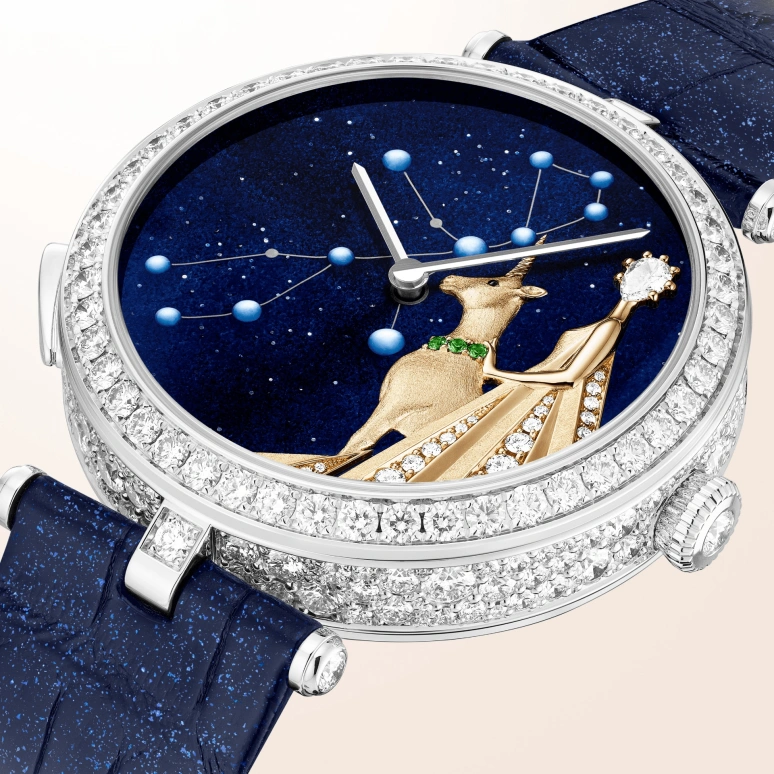 Van Cleef & Arpels,Poetic Complications® 38mm,38mm,White Gold,Blue,Gold,Automatic,Sapphire,Crystal Glass,Round,VCARO8TW00