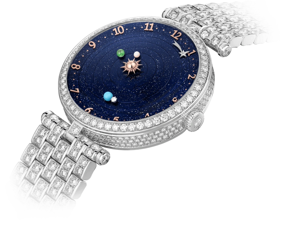 Van Cleef & Arpels,Poetic Complications® 38mm,38mm,White Gold,Turquoise,Rose,Pink Red,Green,Sapphire,Crystal Glass,Mother of Pearl,Aventurine,Turquoise,Diamonds,Enamel,VCARO8R600