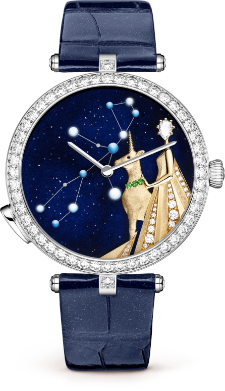 Van Cleef & Arpels,Poetic Complications® 38mm,38mm,White Gold,Blue,Gold,Automatic,Sapphire,Crystal Glass,Round,VCARO8TW00