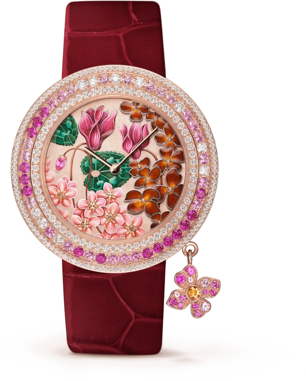 Van Cleef & Arpels,Extraordinary Dials™ 38mm,38mm,Rose Gold,Violet,Rose,Light,Yellow,Pink,Multi-Color,Quartz,Sapphire,Crystal Glass,Round,VCARO4JW00