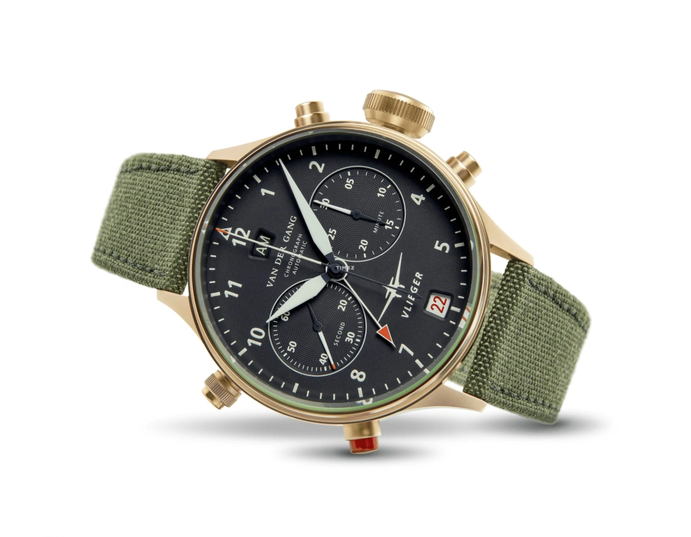 Van der Gang Watches,Vlieger 41毫米,41毫米,黄金,黑色,自动上弦,计时,日历,两地时,格林尼治时间,42小时,蓝宝石,水晶玻璃,20045GA,20045GA-G