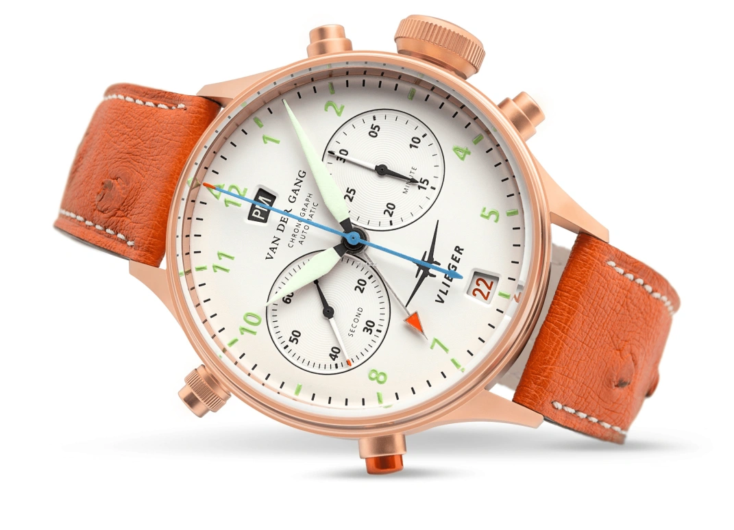 Van der Gang Watches,Vlieger 41毫米,41毫米,红金,白色,自动上弦,计时,日历,两地时,格林尼治时间,42小时,蓝宝石,水晶玻璃,20045GW,20045GW-T