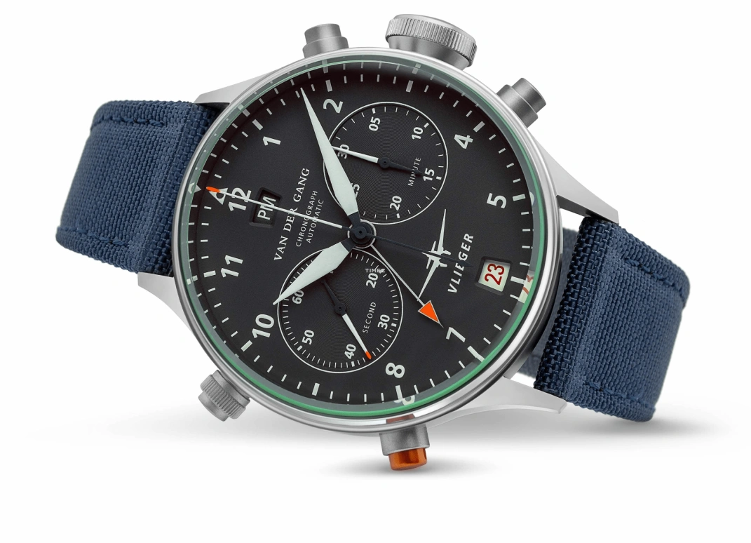 Van der Gang Watches,Vlieger 41毫米,41毫米,精钢,黑色,自动上弦,计时,日历,两地时,格林尼治时间,42小时,蓝宝石,水晶玻璃,20045BA,20045BA-G