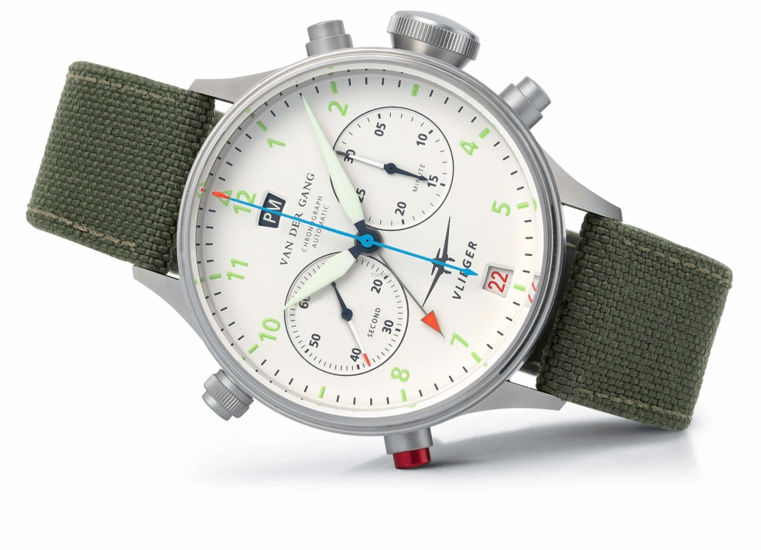 Van der Gang Watches,Vlieger 41毫米,41毫米,精钢,白色,自动上弦,计时,日历,两地时,格林尼治时间,42小时,蓝宝石,水晶玻璃,20045BW,20045BW-T