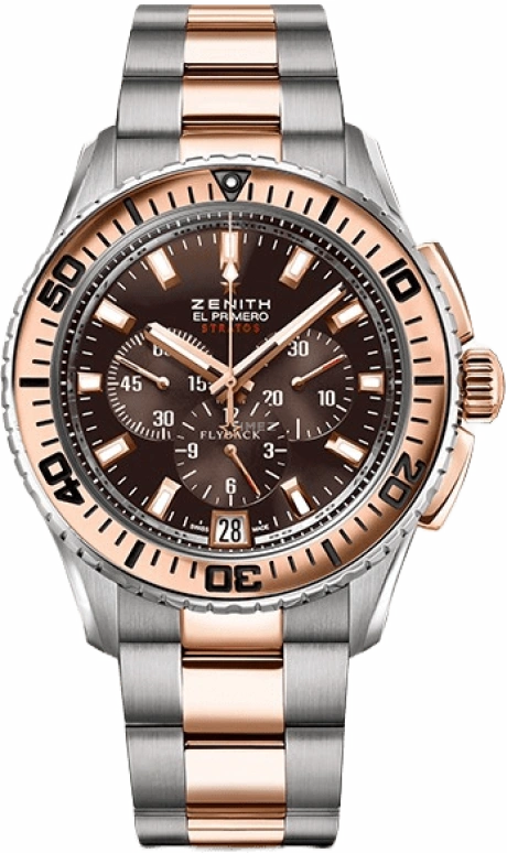 Zenith,El Primero 45mm,45mm,Rose Gold,Stainless Steel,Brown,Automatic,Chronograph,Date,Flyback,Column Wheel,50hours,In-house Caliber,51,51.2061.405/75.M2060