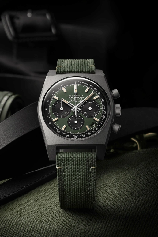真力时,Chronomaster旗舰 37毫米,37毫米,钛金,夜光,米色,卡其绿色,自动上弦,计时,日历,97,97.T384.400/57.C856