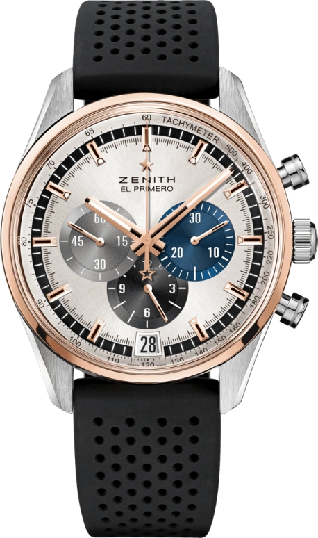 Zenith,El Primero 42mm,42mm,Rose Gold,Stainless Steel,Silver,Automatic,Chronograph,Date,Hollow Out,Column Wheel,50hours,In-house Caliber,51,51.2080.400/69.R576